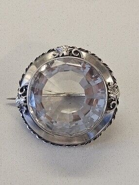 Antique Edwardian 58ct White Amethyst Sterling Silver Rock Crystal Brooch Pin